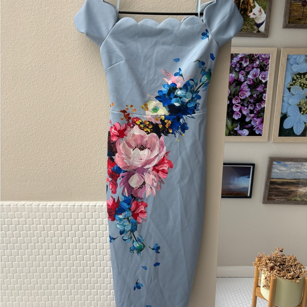 LAST CHANCE: Ted Baker London Blue Scalloped Floral Midi Dress